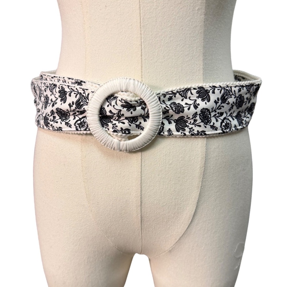Vintage Belt Womens OS Black White Floral Good O-Ring Fabric Buckle Boho